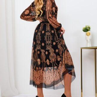 Royalfashion Rochie maxi cu motive florale din plasă neagră și maro