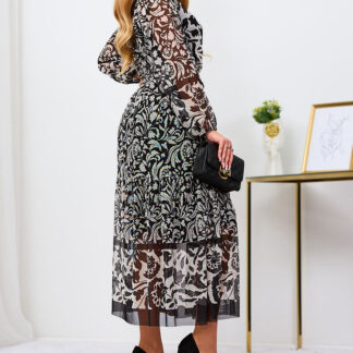 Royalfashion Rochie maxi cu motive florale din plasă neagră și albă
