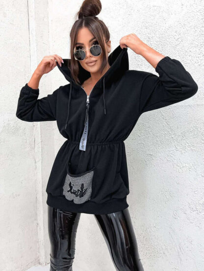 Royalfashion Hanorac negru pentru femei cu zirconii