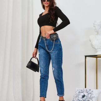 Royalfashion Blugi mamă de damă albaștri cu curea și buzunar