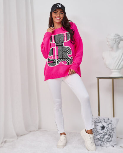Royalfashion Pulover ursuleț de pluș roz neon pentru femei