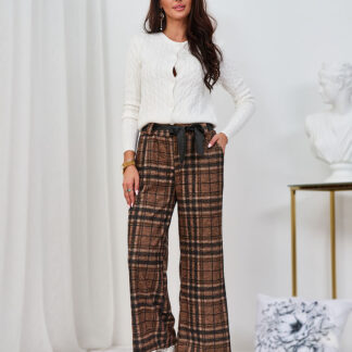 Royalfashion Camel Pantaloni largi pentru femei cu carouri