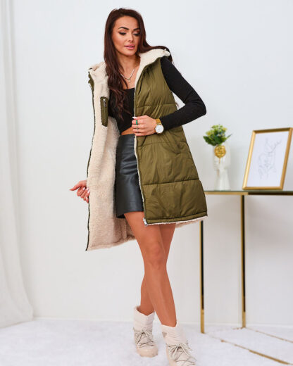 Royalfashion Vesta lungă de damă cu două fețe, verde și crem