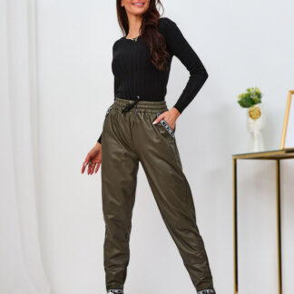 Royalfashion Pantaloni lejere de damă din piele eko, kaki