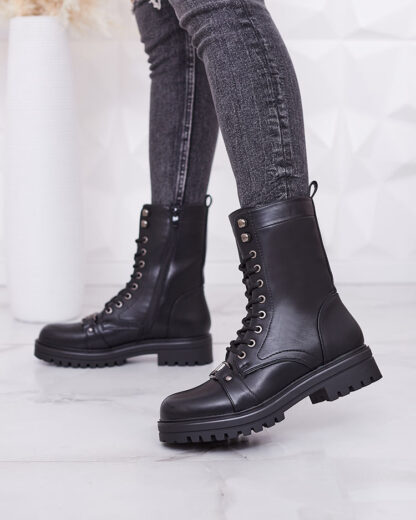 Royalfashion Cizme bagger de damă din piele ecologică de culoare neagră Stiifer