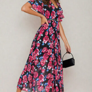 Royalfashion Rochie midi plisată cu motive florale pentru femei