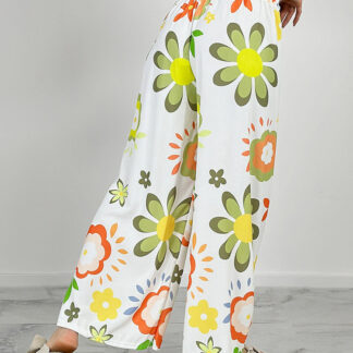 Royalfashion Pantaloni largi din țesătură cu motive florale pentru femei