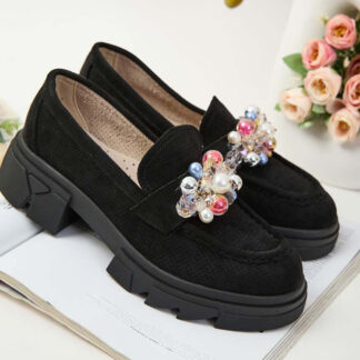 Royalfashion Mocasini negri de damă cu cristale colorate Glam